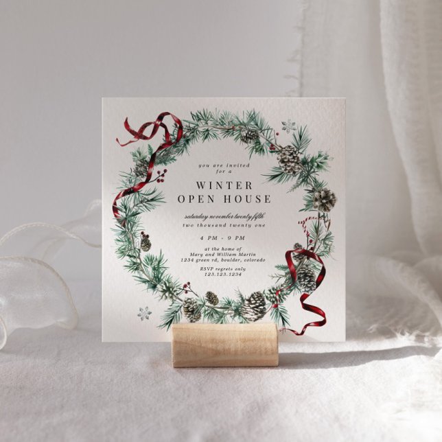 Invitation Couronne de verdure Ruban Rouge Carré Maison Ouver (Créateur téléchargé)