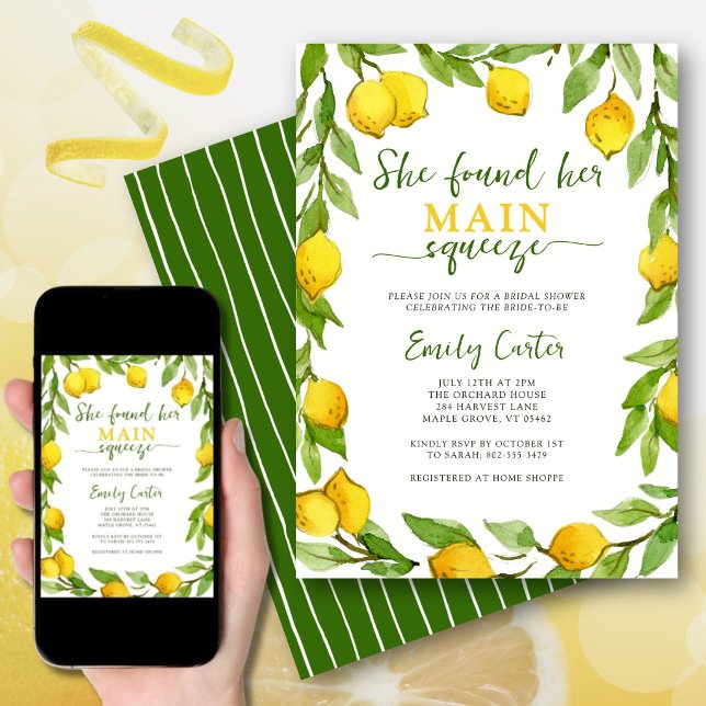 Invitation Couronne d'eau citronnée Main Squeeze aquarelle ma (The “main squeeze” theme adds a playful yet elegant touch to a summer bridal shower.)
