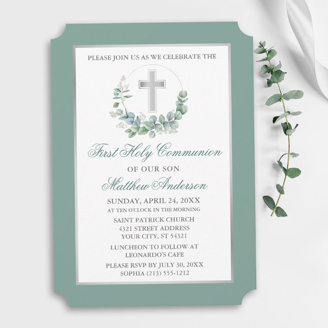 Invitation Couronne d'eucalyptus aquarelle Communion argentée (Customize to change text color, text style or color of back of card.)
