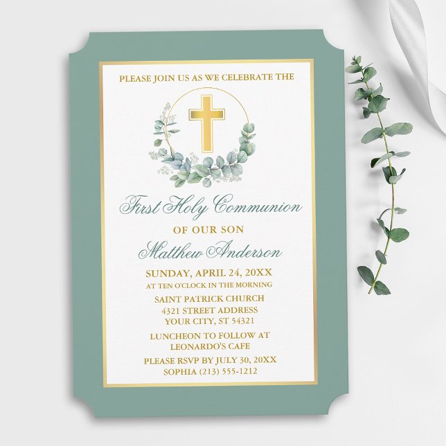 Invitation Couronne d'eucalyptus aquarelle Communion Or (Customize to change text color, text style or color of back of card.)