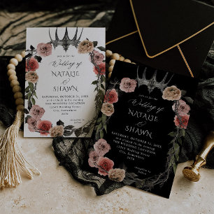 Invitation Couronne d'Halloween Rose & Fleurs Noires de Maria