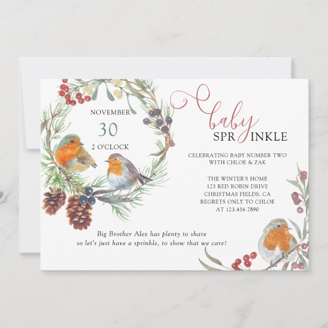 Invitation Couronne d'hiver et Baby Sprinkle de Noël Robin (Devant)