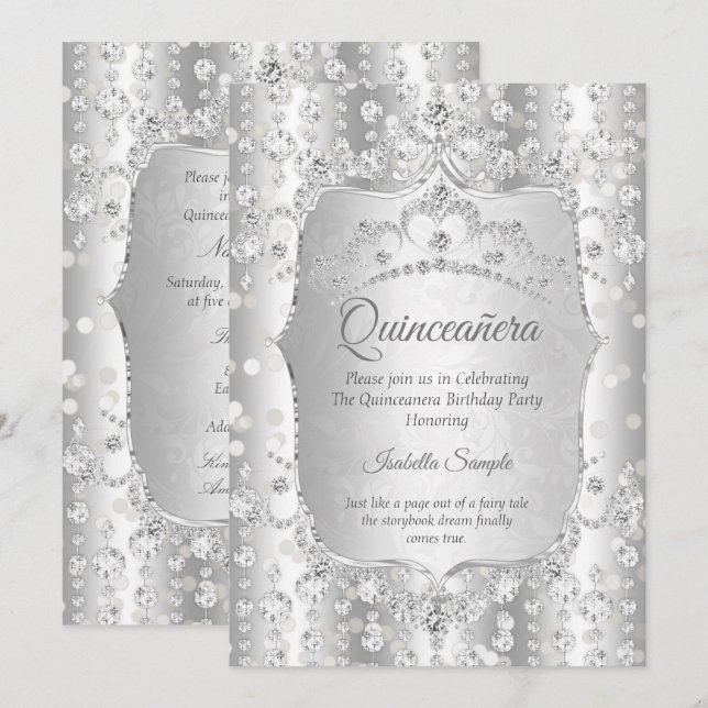 Invitation Couronne diamantée argentée blanche pour princesse (Devant / Derrière)
