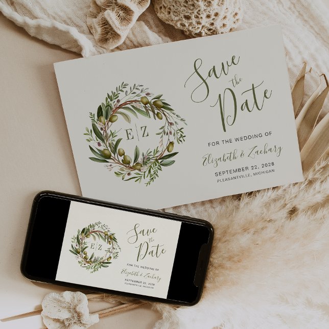 Invitation Couronne d'olive aquarelle rustique Save the Date (Créateur téléchargé)