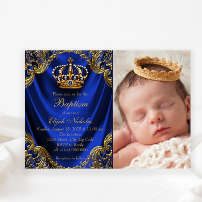 Invitation Couronne d'or bleu royal Petit Prince Baptême (Créateur téléchargé)