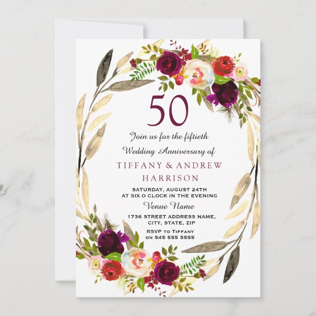 Invitation Couronne d'or burgundy pour 50 ans de mariage (Devant)