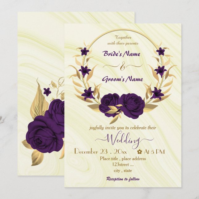 Invitation couronne d'or de fleurs violettes royales (Devant / Derrière)