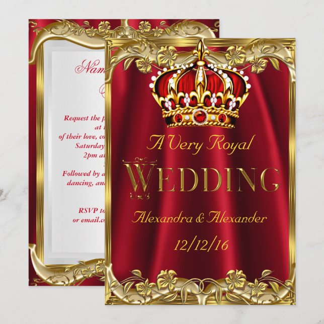 Invitation Couronne d'or de mariage rouge royal (Devant / Derrière)