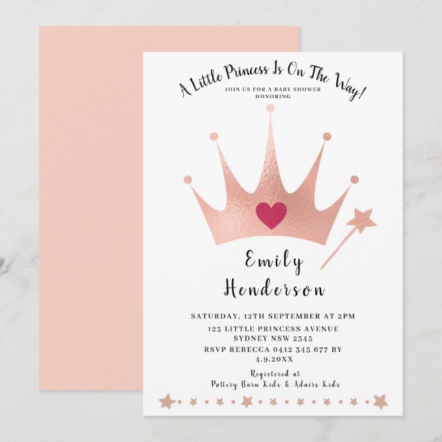 Invitation Couronne d'or de princesse jolie Fête pour bébé ro (Devant / Derrière)