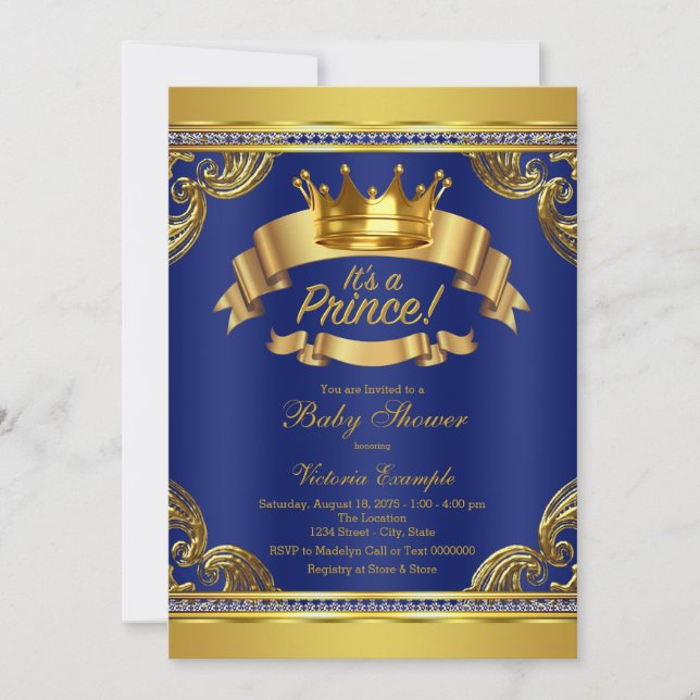 Invitation Couronne d'or Fête bébé Prince Royal Bleu (Devant)