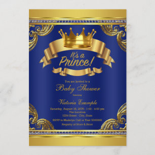 Invitation Couronne d'or Fête bébé Prince Royal Bleu