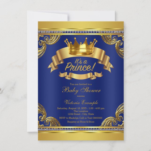 Invitation Couronne d'or Fête bébé Prince Royal Bleu (Devant)
