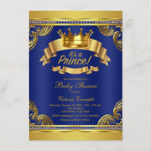 Invitation Couronne d'or Fête bébé Prince Royal Bleu