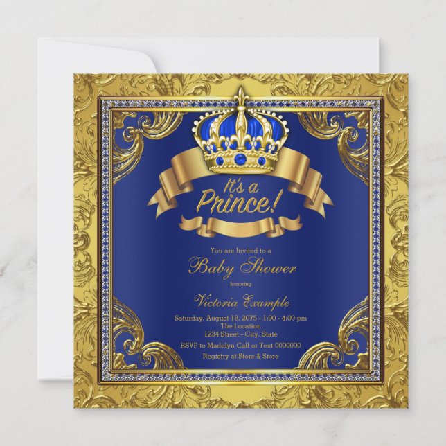 Invitation Couronne d'or Fête de bébé Prince Royal Bleu (Devant)
