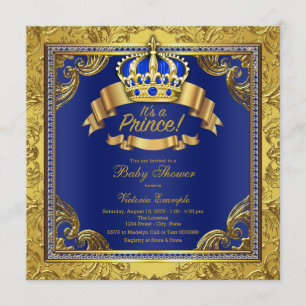 Invitation Couronne d'or Fête de bébé Prince Royal Bleu