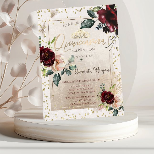 Invitation Couronne d'or, Fleurs bordeaux pour Quinceañera (Créateur téléchargé)