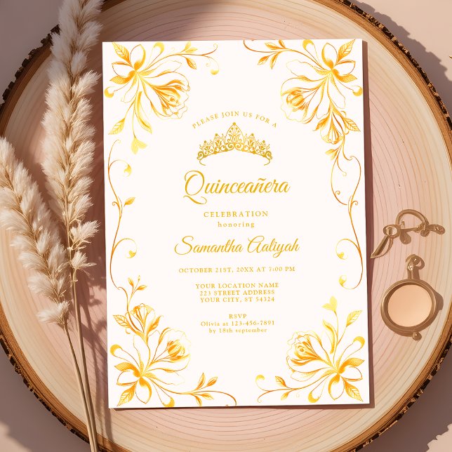 Invitation Couronne d'or Luxe Fleur Quinceañera (Créateur téléchargé)