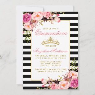 Invitation Couronne d'or Quinceanera Florale rose rayée