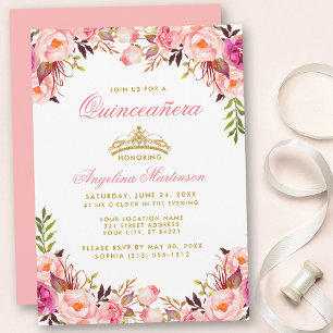 Invitation Couronne d'or rose de Quinceanera