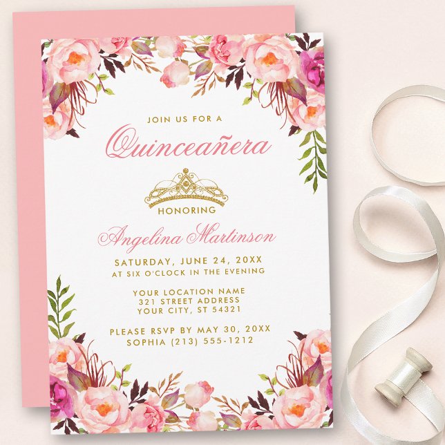 Invitation Couronne d'or rose de Quinceanera (Customize to change text color, style, add text & photos to back or change color of back of card.)