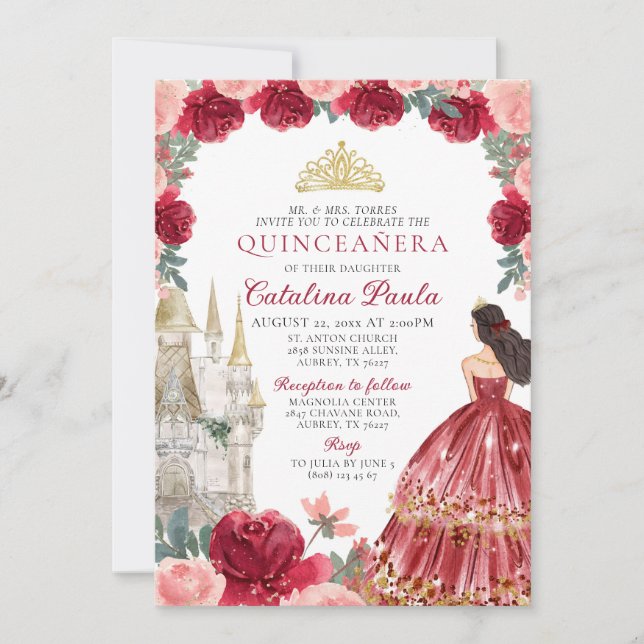 Invitation Couronne d'or rouge Princesse Quinceañera Invitati (Devant)