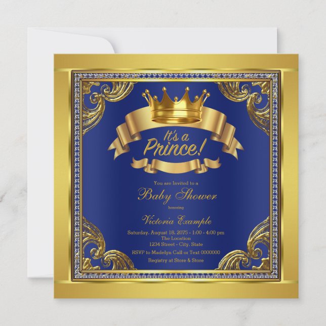 Invitation Couronne d'or Royale Bleu Or Prince Bébé Surprise (Devant)
