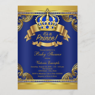 Invitation Couronne d'or Royale Bleu Prince Garçon Baby Showe