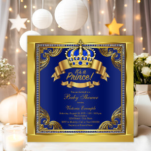 Invitation Couronne d'or Royale Bleu Prince Garçon Baby Showe