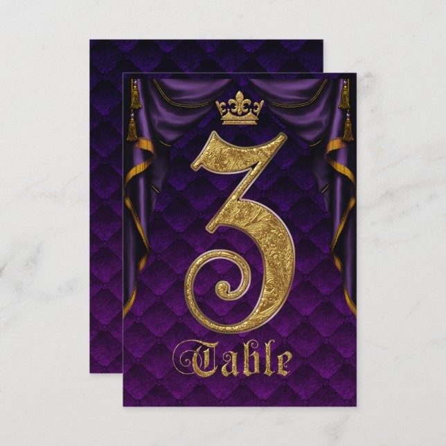 Invitation Couronne d'or violet royal Table de mariage numéro (Devant / Derrière)