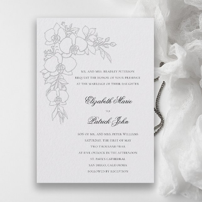 Invitation Couronne d'orchidées Mariage Formel Traditionnel I (orchid wedding invitation ivory garland formal modern classic traditional black tie parents hosting)