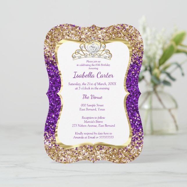 Invitation Couronne dorée blanche fête d'anniversaire paillet (Debout devant)
