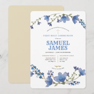 Invitation Couronne dorée bleue Sainte Première Communion
