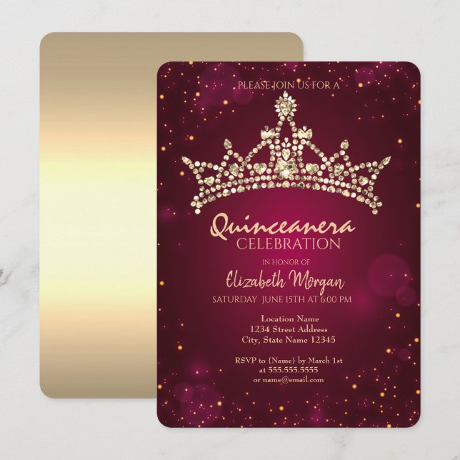 Invitation Couronne dorée chic Bourgogne Quinceañera (Devant / Derrière)