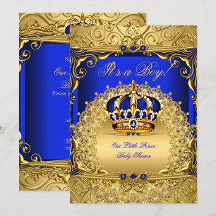 Invitation Couronne dorée damassée bleu royal pour Baby Showe