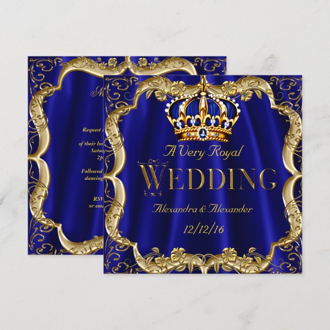 Invitation Couronne dorée de mariage bleu royal navy (Devant / Derrière)