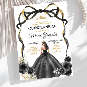 Invitation Couronne dorée de princesse à nœud floral noir pou