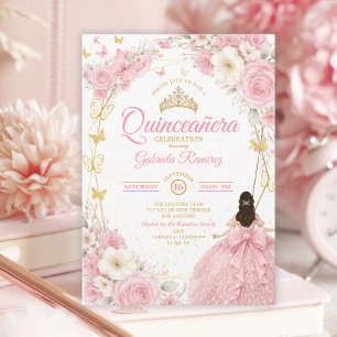 Invitation Couronne dorée de Quinceañera rose rose papillon