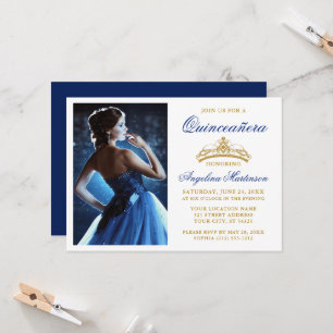 Invitation Couronne dorée élégante moderne Quinceanera bleu r