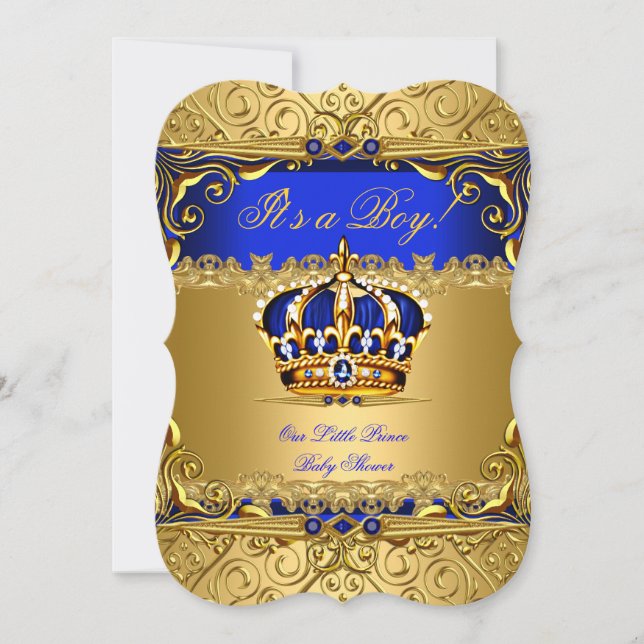 Invitation Couronne dorée en damas bleu royal pour garçon Bab (Devant)