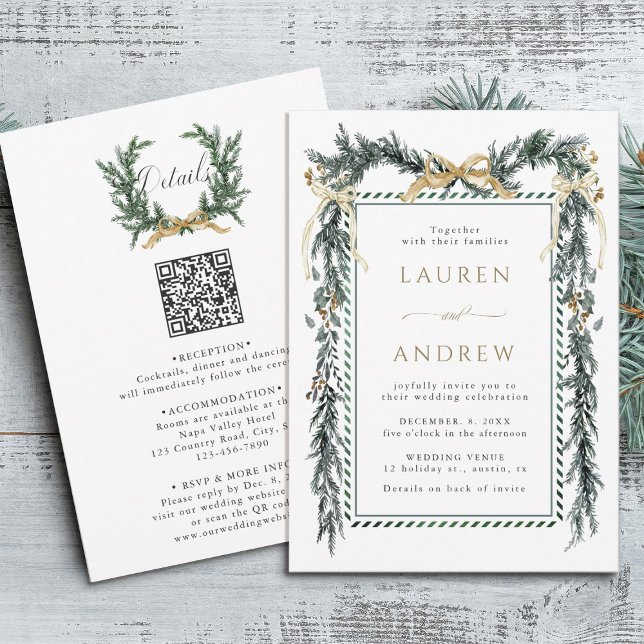 Invitation Couronne dorée et guirlande de verdure Mariage tou (Front & Back)