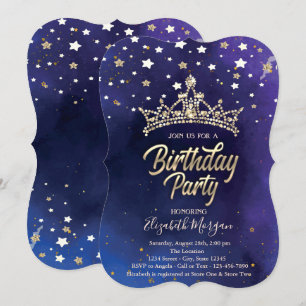 Invitation Couronne dorée étoiles fête d'anniversaire bleue