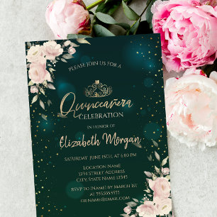 Invitation Couronne dorée, Fleurs Boho Quinceañera verte