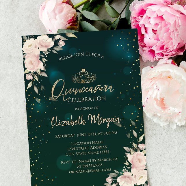 Invitation Couronne dorée, Fleurs Boho Quinceañera verte (Créateur téléchargé)