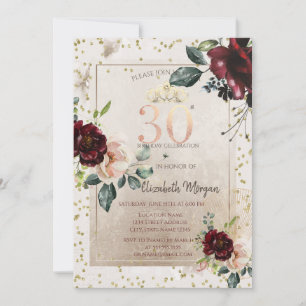 Invitation Couronne dorée, Fleurs bordeaux 30e Anniversaire
