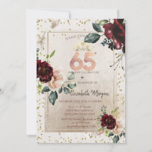 Invitation Couronne dorée, Fleurs bordeaux 65e Anniversaire