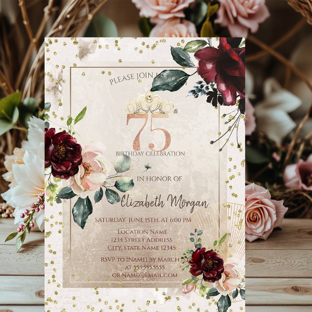 Invitation Couronne dorée, Fleurs bordeaux  75e Anniversaire (Créateur téléchargé)