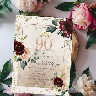 Invitation Couronne dorée, Fleurs bordeaux 90e Anniversaire