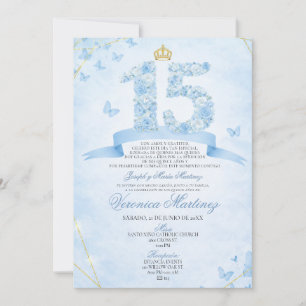Invitation Couronne dorée florale poussiéreuse espagnole bleu
