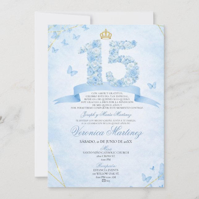 Invitation Couronne dorée florale poussiéreuse espagnole bleu (Devant)