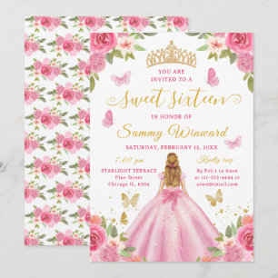 Invitation Couronne dorée florale rose Princesse Sweet Sixtee